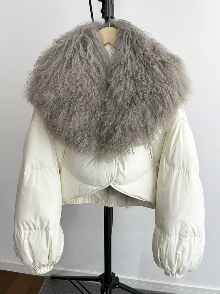 Lagabogy 2025 New Luxury Winter Women Short Puffer Parka Duck Down Waterproof Jacket Female Real Mongolian Sheep Fur Collar Coat