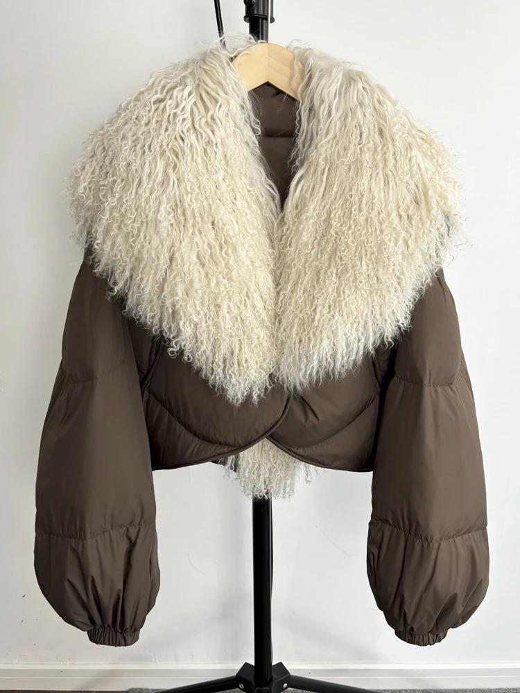 Lagabogy 2025 New Luxury Winter Women Short Puffer Parka Duck Down Waterproof Jacket Female Real Mongolian Sheep Fur Collar Coat