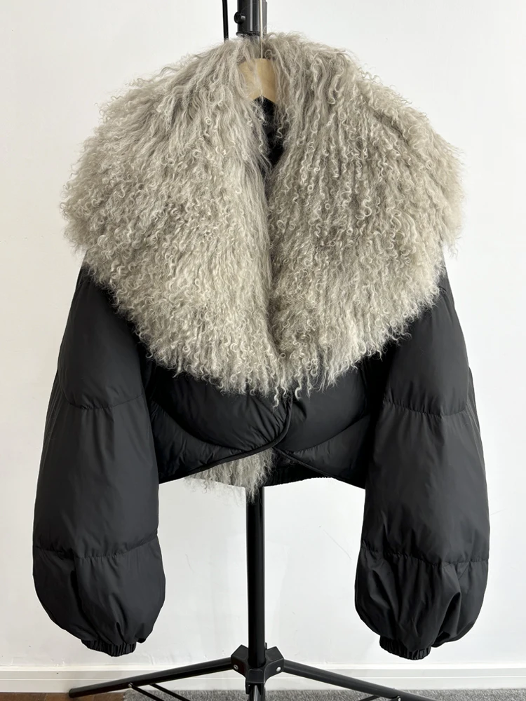 Lagabogy 2025 New Luxury Winter Women Short Puffer Parka Duck Down Waterproof Jacket Female Real Mongolian Sheep Fur Collar Coat
