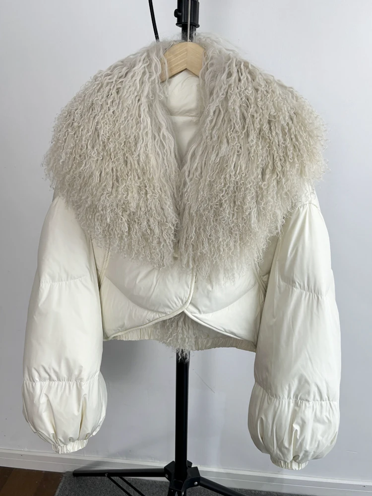 Lagabogy 2025 New Luxury Winter Women Short Puffer Parka Duck Down Waterproof Jacket Female Real Mongolian Sheep Fur Collar Coat