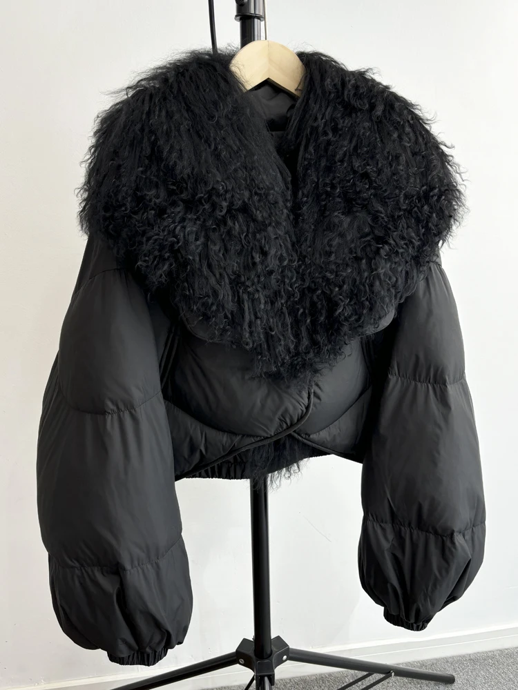 Lagabogy 2025 New Luxury Winter Women Short Puffer Parka Duck Down Waterproof Jacket Female Real Mongolian Sheep Fur Collar Coat