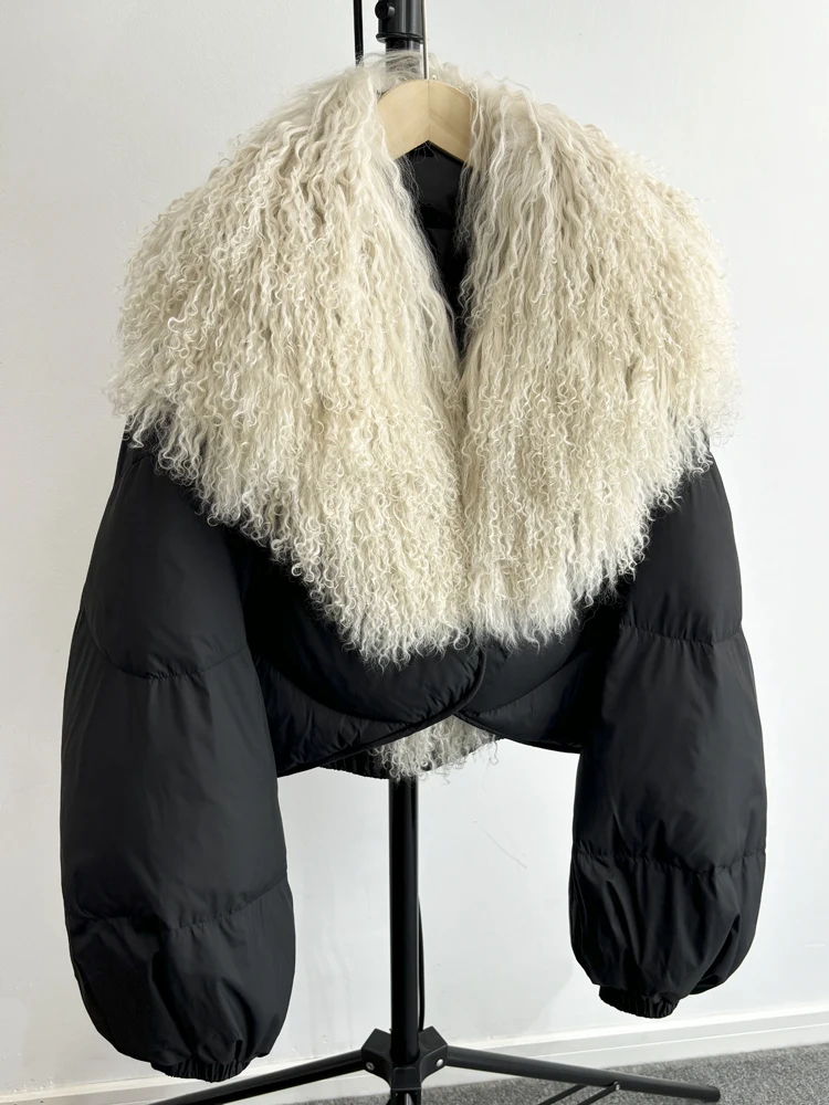 Lagabogy 2025 New Luxury Winter Women Short Puffer Parka Duck Down Waterproof Jacket Female Real Mongolian Sheep Fur Collar Coat