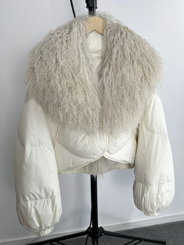 Lagabogy 2025 New Luxury Winter Women Short Puffer Parka Duck Down Waterproof Jacket Female Real Mongolian Sheep Fur Collar Coat