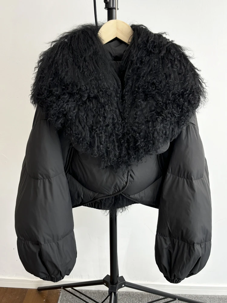 Lagabogy 2025 New Luxury Winter Women Short Puffer Parka Duck Down Waterproof Jacket Female Real Mongolian Sheep Fur Collar Coat
