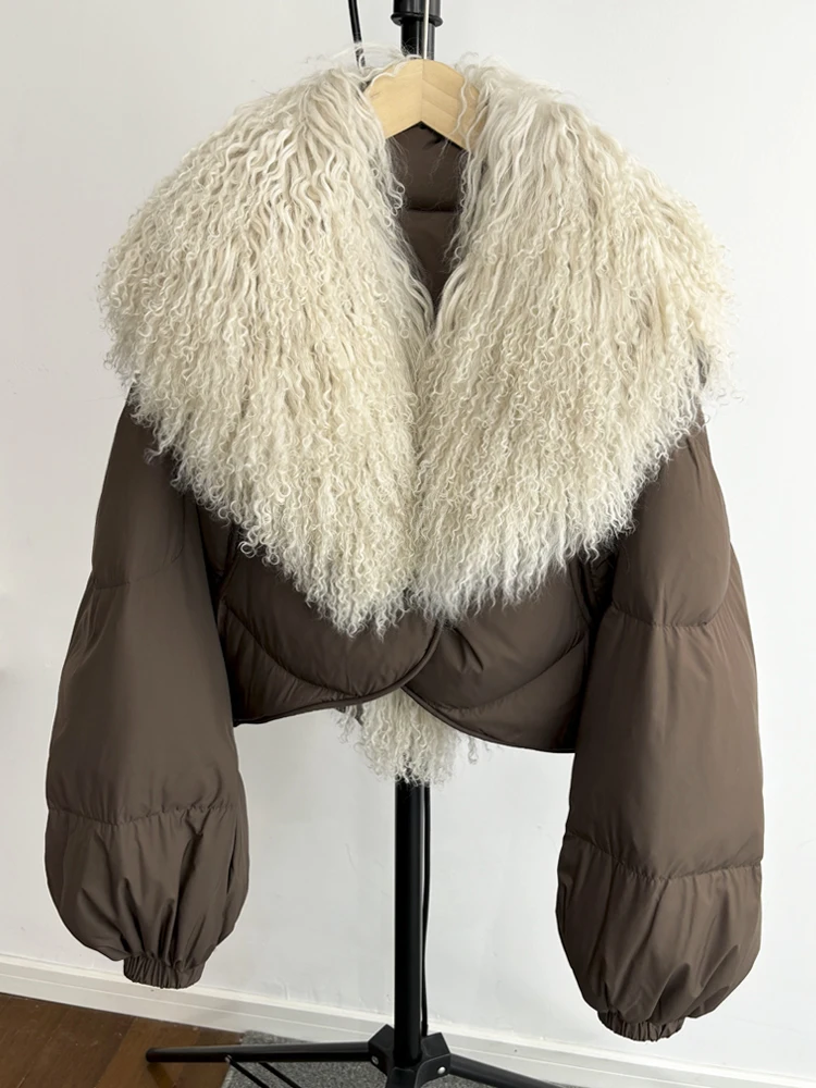 Lagabogy 2025 New Luxury Winter Women Short Puffer Parka Duck Down Waterproof Jacket Female Real Mongolian Sheep Fur Collar Coat