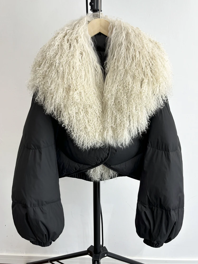 Lagabogy 2025 New Luxury Winter Women Short Puffer Parka Duck Down Waterproof Jacket Female Real Mongolian Sheep Fur Collar Coat