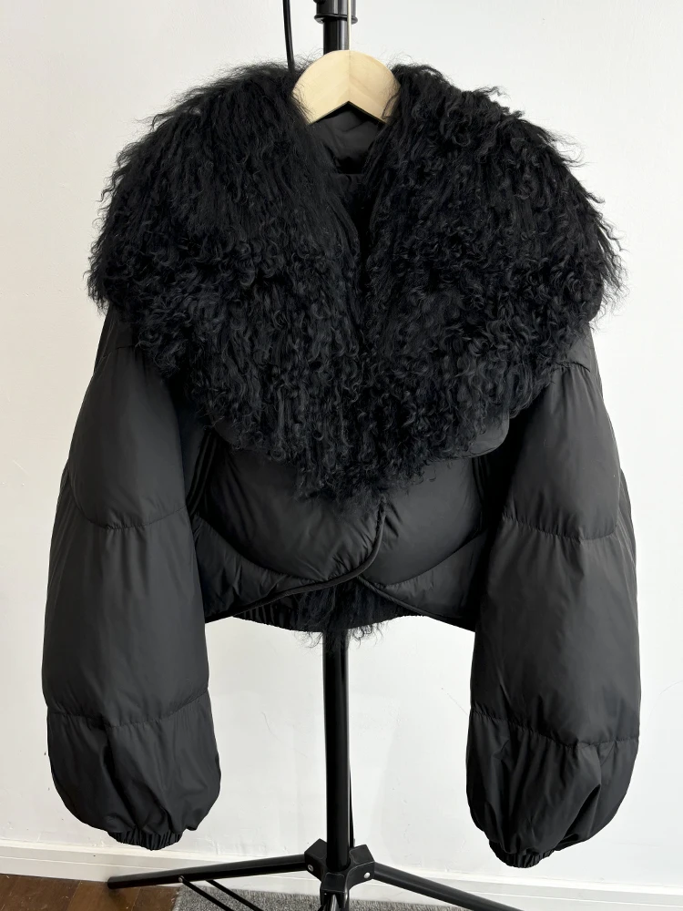 Lagabogy 2025 New Luxury Winter Women Short Puffer Parka Duck Down Waterproof Jacket Female Real Mongolian Sheep Fur Collar Coat