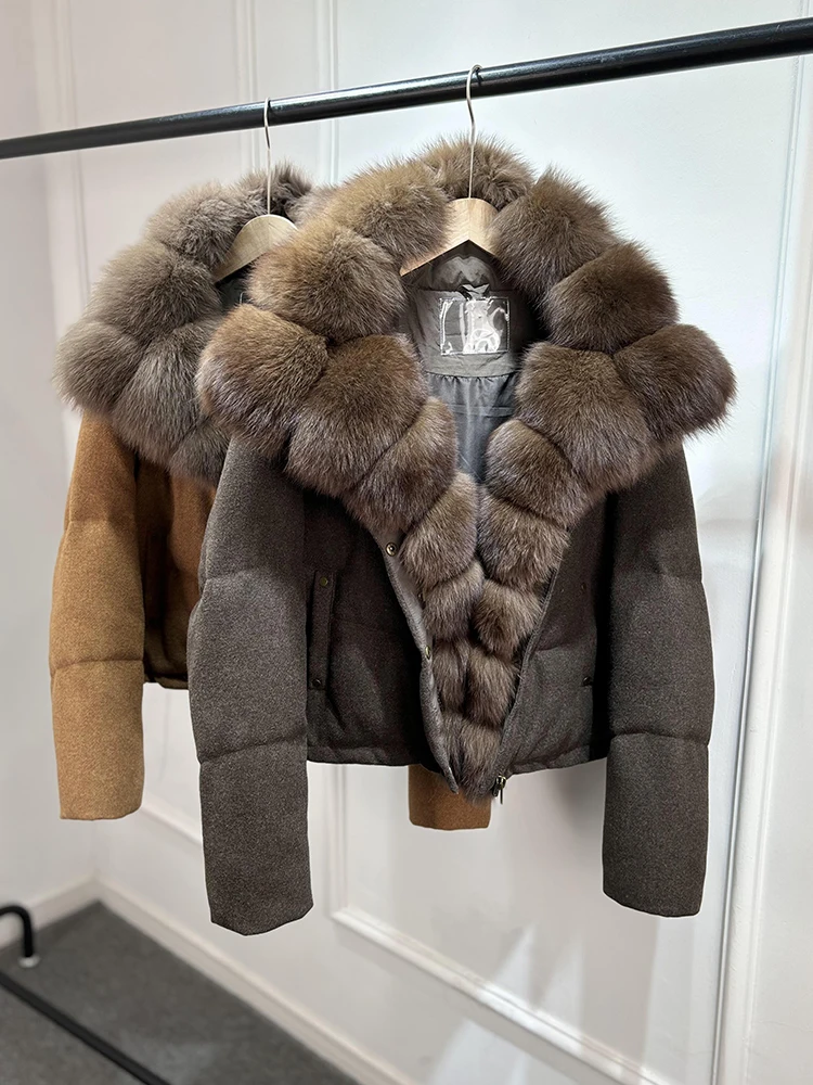 Janveny Luxury Winter 90% White Duck Down Wool Blends Jacket Women 2025 New Real Natural Fox Fur Thick Warm Puffer Down Coat