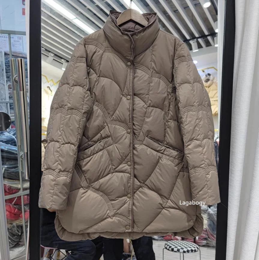 Lagabogy 2025 Mid-Long Puffer Jacket Winter Women Simple White Duck Down Coat Stand Collar Parka Female Single Breasted Outwear