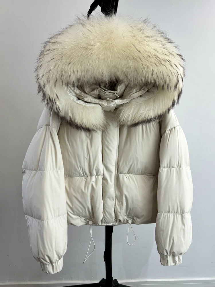 Lagabogy Puffer Jacket Women 2025 Winter Naturally Warm Loose Waterproof Female StreetWear Duck Down Coat Real Raccoon Fur Coat