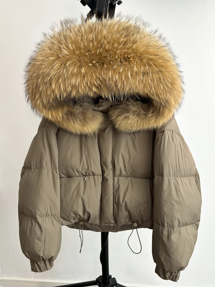 Lagabogy Puffer Jacket Women 2025 Winter Naturally Warm Loose Waterproof Female StreetWear Duck Down Coat Real Raccoon Fur Coat
