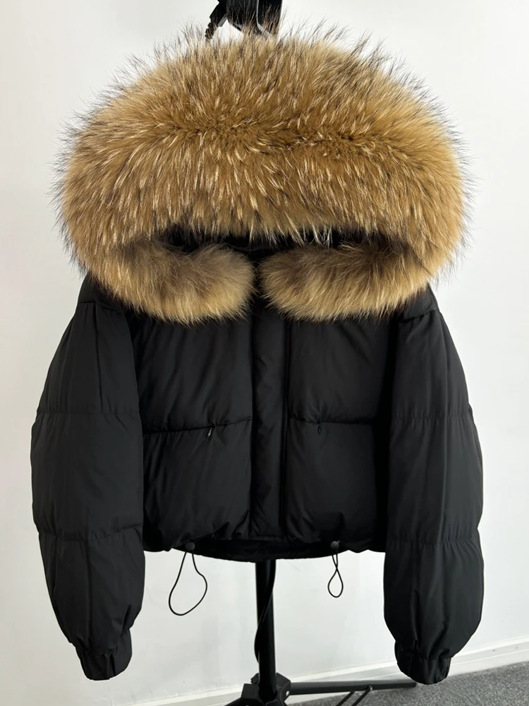 Lagabogy Puffer Jacket Women 2025 Winter Naturally Warm Loose Waterproof Female StreetWear Duck Down Coat Real Raccoon Fur Coat