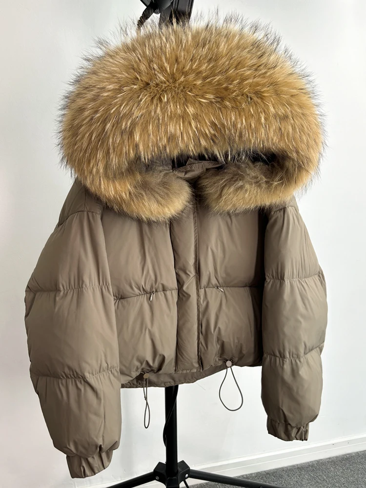 Lagabogy Puffer Jacket Women 2025 Winter Naturally Warm Loose Waterproof Female StreetWear Duck Down Coat Real Raccoon Fur Coat