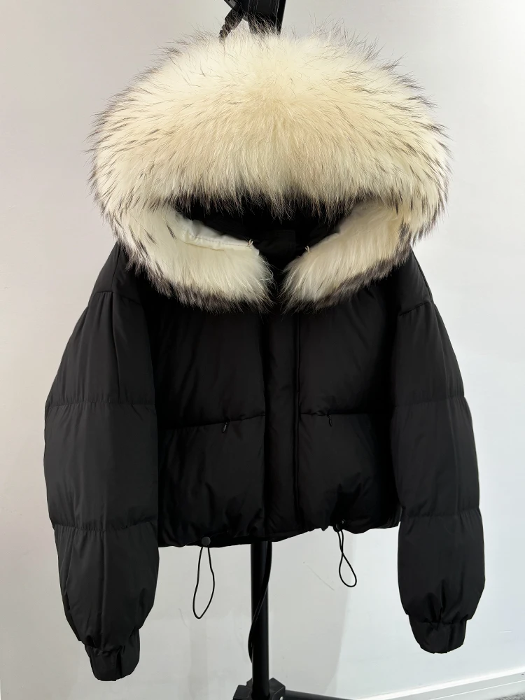 Lagabogy Puffer Jacket Women 2025 Winter Naturally Warm Loose Waterproof Female StreetWear Duck Down Coat Real Raccoon Fur Coat