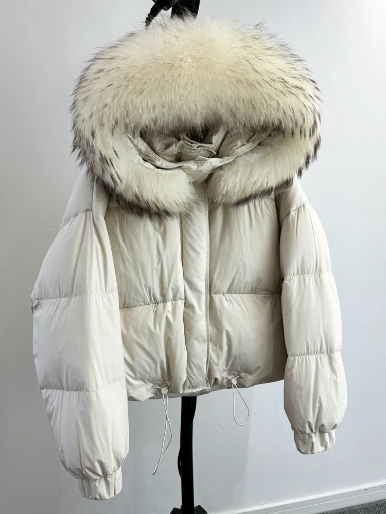Lagabogy Puffer Jacket Women 2025 Winter Naturally Warm Loose Waterproof Female StreetWear Duck Down Coat Real Raccoon Fur Coat