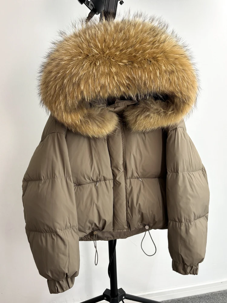 Lagabogy Puffer Jacket Women 2025 Winter Naturally Warm Loose Waterproof Female StreetWear Duck Down Coat Real Raccoon Fur Coat