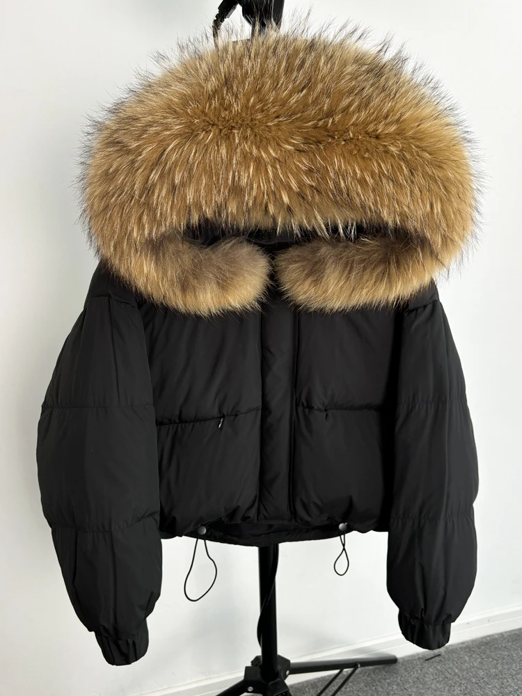 Lagabogy Puffer Jacket Women 2025 Winter Naturally Warm Loose Waterproof Female StreetWear Duck Down Coat Real Raccoon Fur Coat
