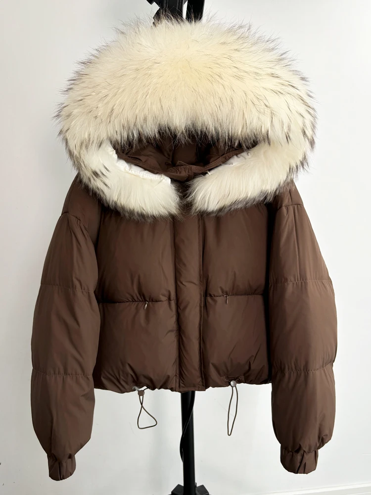 Lagabogy Puffer Jacket Women 2025 Winter Naturally Warm Loose Waterproof Female StreetWear Duck Down Coat Real Raccoon Fur Coat