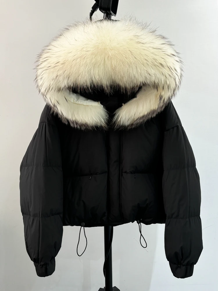 Lagabogy Puffer Jacket Women 2025 Winter Naturally Warm Loose Waterproof Female StreetWear Duck Down Coat Real Raccoon Fur Coat