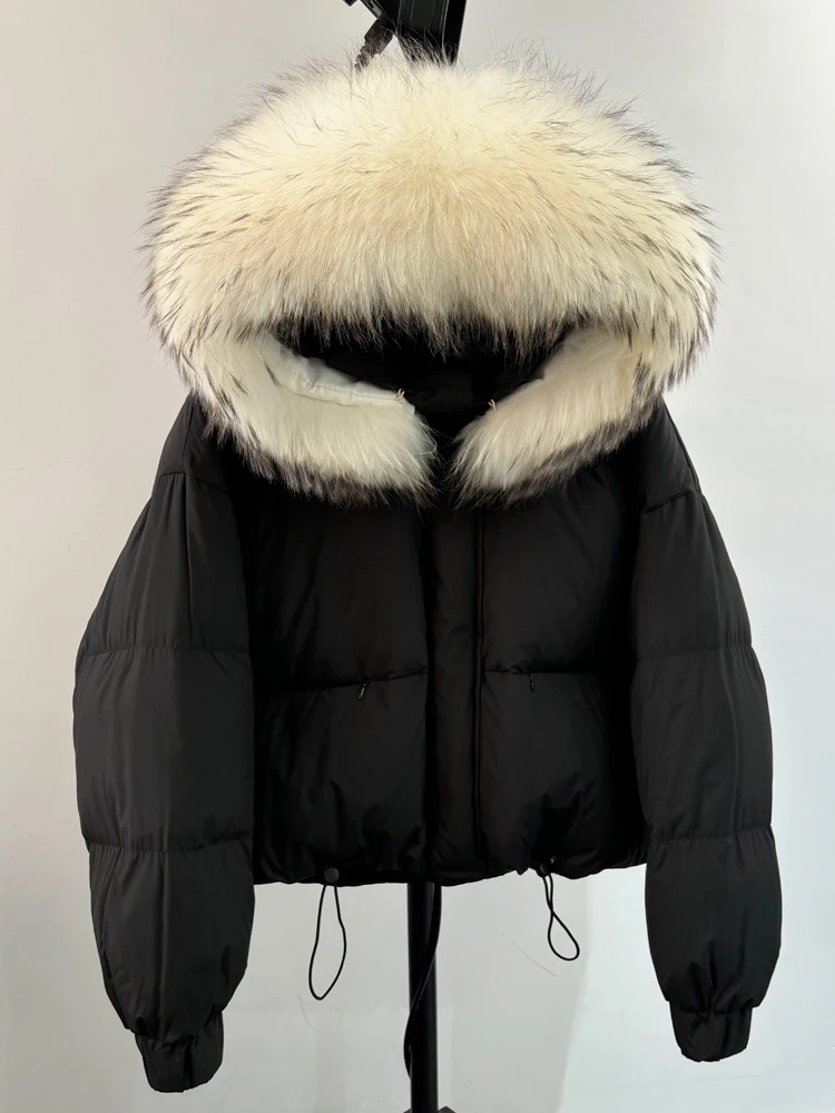 Lagabogy Puffer Jacket Women 2025 Winter Naturally Warm Loose Waterproof Female StreetWear Duck Down Coat Real Raccoon Fur Coat