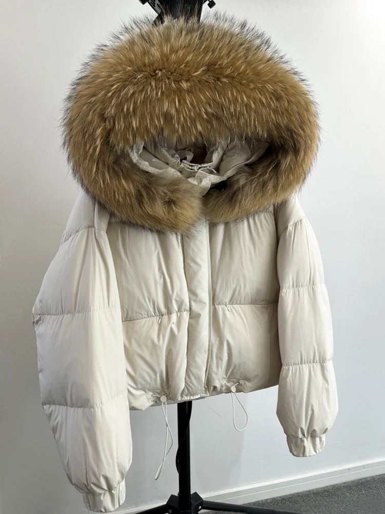 Lagabogy Puffer Jacket Women 2025 Winter Naturally Warm Loose Waterproof Female StreetWear Duck Down Coat Real Raccoon Fur Coat