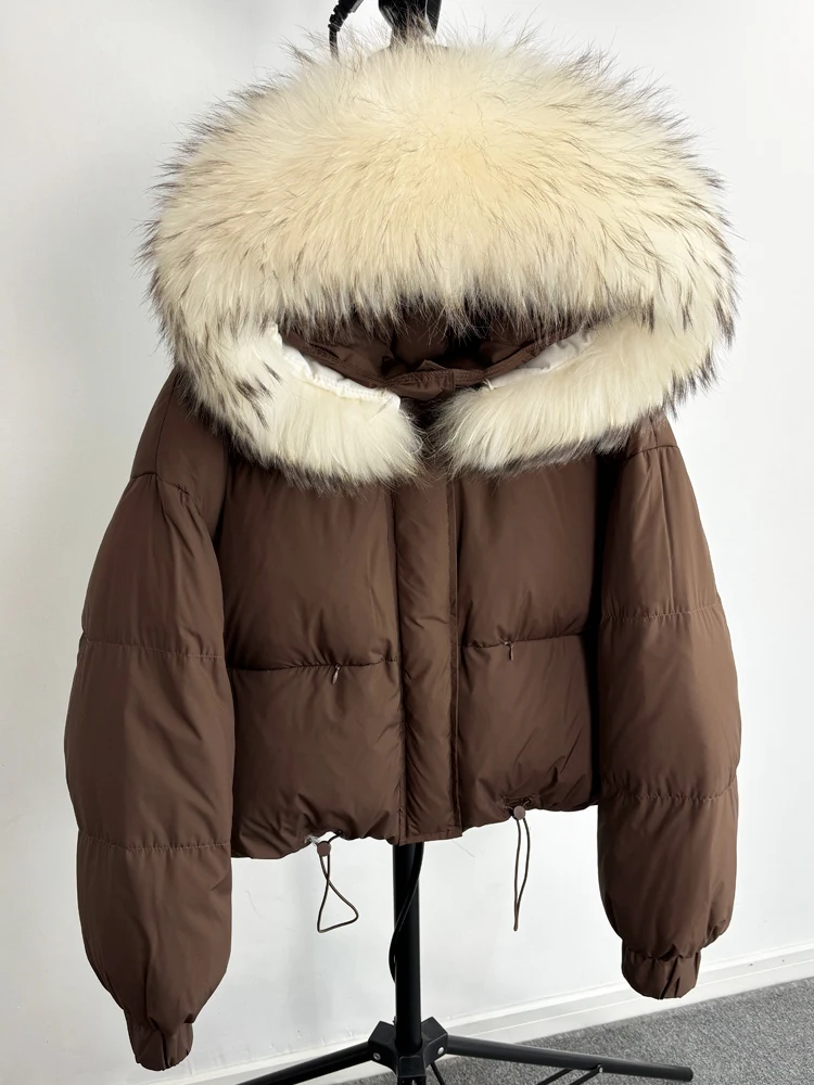 Lagabogy Puffer Jacket Women 2025 Winter Naturally Warm Loose Waterproof Female StreetWear Duck Down Coat Real Raccoon Fur Coat