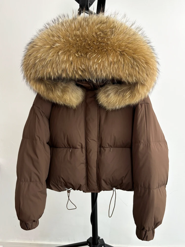 Lagabogy Puffer Jacket Women 2025 Winter Naturally Warm Loose Waterproof Female StreetWear Duck Down Coat Real Raccoon Fur Coat
