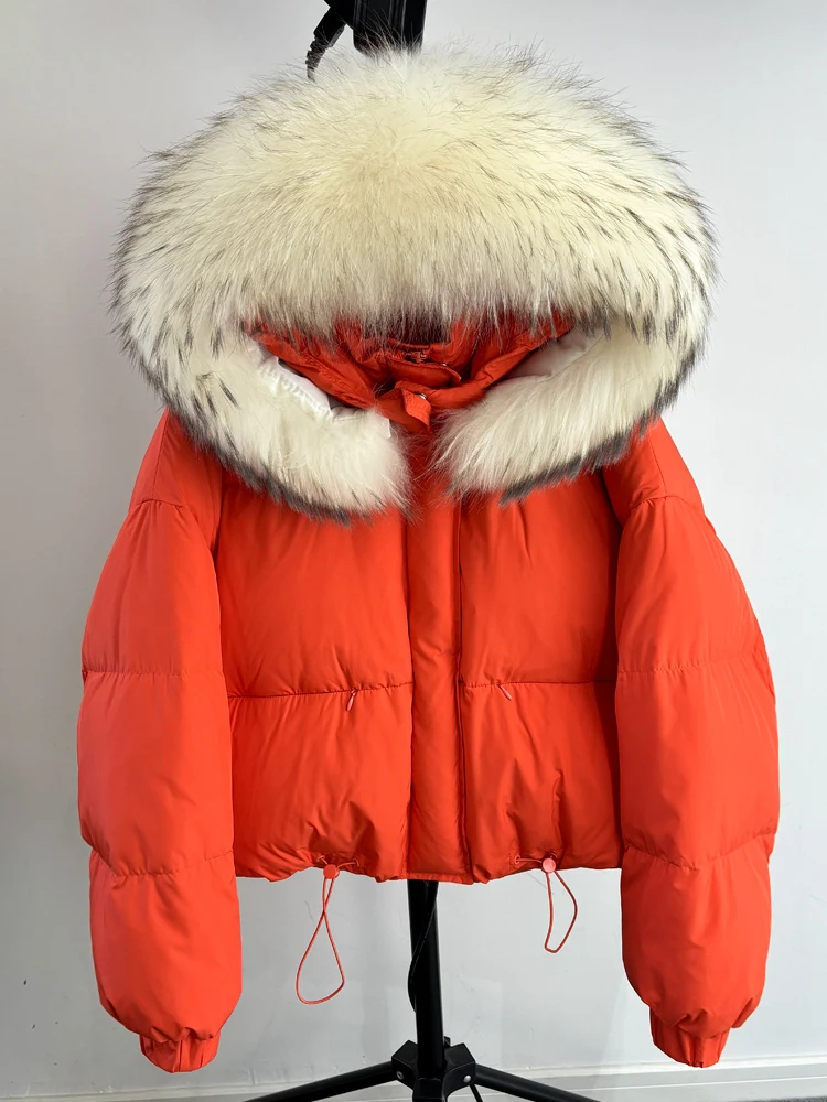 Lagabogy Puffer Jacket Women 2025 Winter Naturally Warm Loose Waterproof Female StreetWear Duck Down Coat Real Raccoon Fur Coat