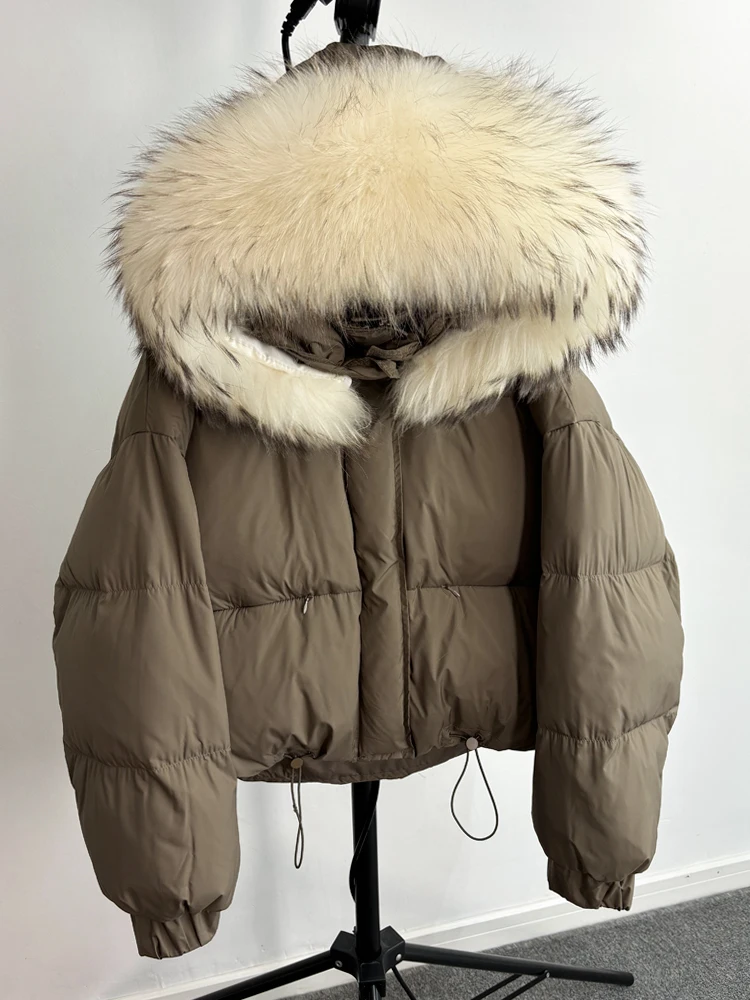 Lagabogy Puffer Jacket Women 2025 Winter Naturally Warm Loose Waterproof Female StreetWear Duck Down Coat Real Raccoon Fur Coat