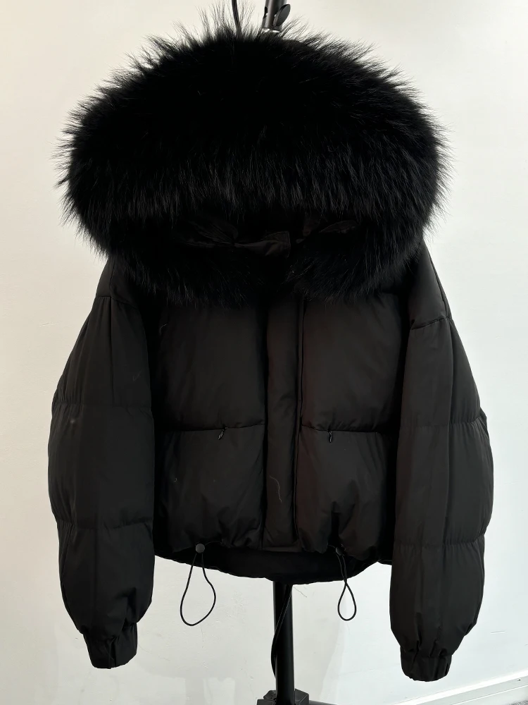 Lagabogy Puffer Jacket Women 2025 Winter Naturally Warm Loose Waterproof Female StreetWear Duck Down Coat Real Raccoon Fur Coat