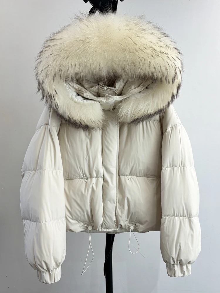 Lagabogy Puffer Jacket Women 2025 Winter Naturally Warm Loose Waterproof Female StreetWear Duck Down Coat Real Raccoon Fur Coat
