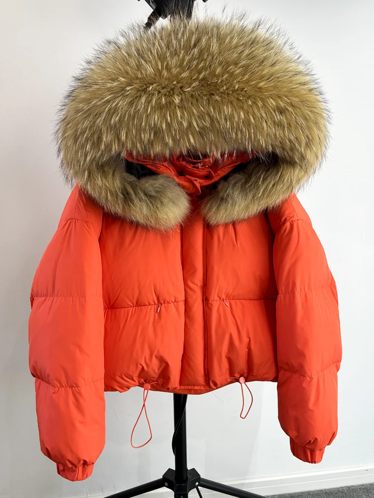 Lagabogy Puffer Jacket Women 2025 Winter Naturally Warm Loose Waterproof Female StreetWear Duck Down Coat Real Raccoon Fur Coat
