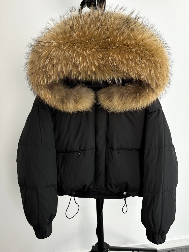 Lagabogy Puffer Jacket Women 2025 Winter Naturally Warm Loose Waterproof Female StreetWear Duck Down Coat Real Raccoon Fur Coat