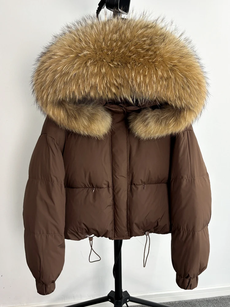 Lagabogy Puffer Jacket Women 2025 Winter Naturally Warm Loose Waterproof Female StreetWear Duck Down Coat Real Raccoon Fur Coat