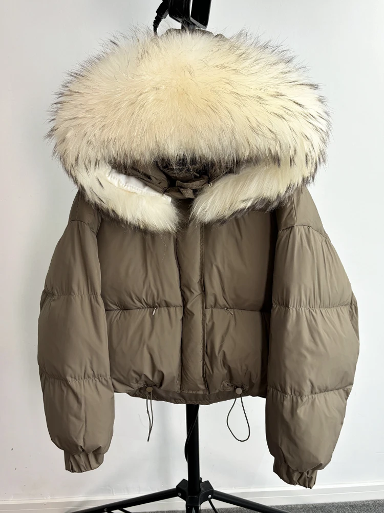 Lagabogy Puffer Jacket Women 2025 Winter Naturally Warm Loose Waterproof Female StreetWear Duck Down Coat Real Raccoon Fur Coat