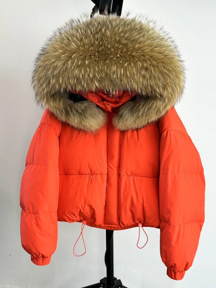 Lagabogy Puffer Jacket Women 2025 Winter Naturally Warm Loose Waterproof Female StreetWear Duck Down Coat Real Raccoon Fur Coat