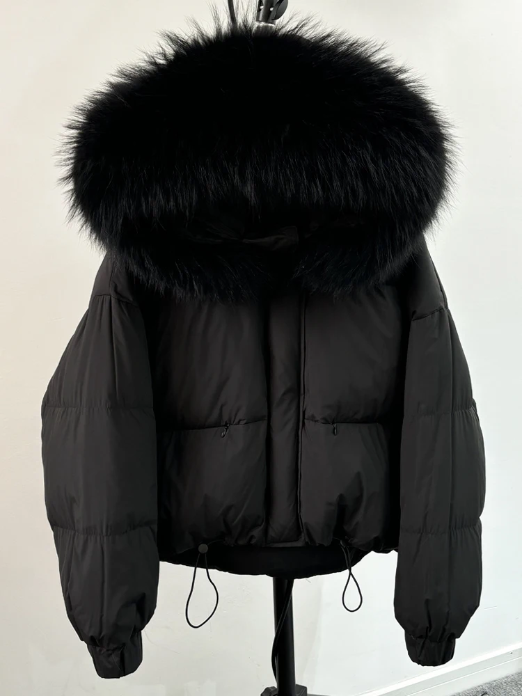 Lagabogy Puffer Jacket Women 2025 Winter Naturally Warm Loose Waterproof Female StreetWear Duck Down Coat Real Raccoon Fur Coat