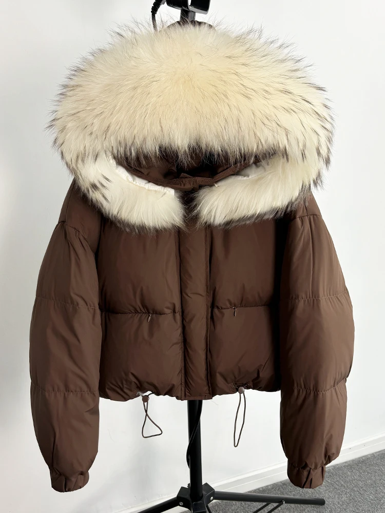Lagabogy Puffer Jacket Women 2025 Winter Naturally Warm Loose Waterproof Female StreetWear Duck Down Coat Real Raccoon Fur Coat