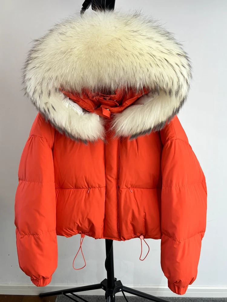 Lagabogy Puffer Jacket Women 2025 Winter Naturally Warm Loose Waterproof Female StreetWear Duck Down Coat Real Raccoon Fur Coat