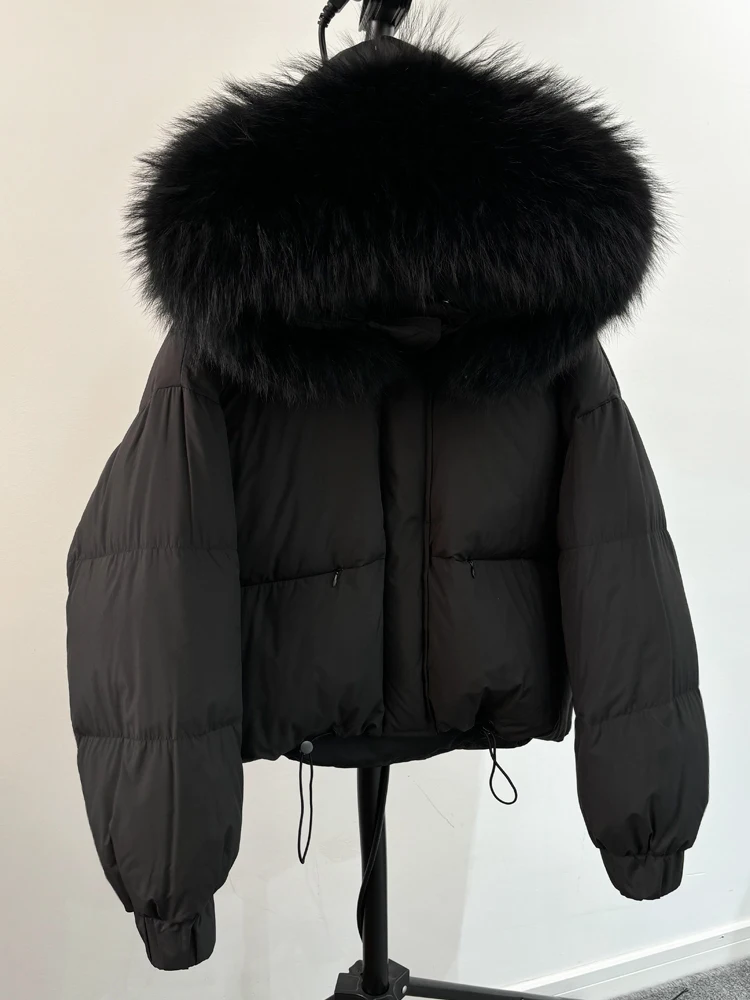 Lagabogy Puffer Jacket Women 2025 Winter Naturally Warm Loose Waterproof Female StreetWear Duck Down Coat Real Raccoon Fur Coat