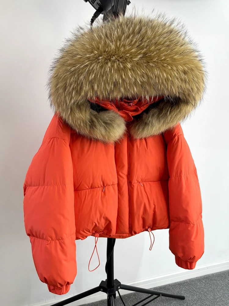 Lagabogy Puffer Jacket Women 2025 Winter Naturally Warm Loose Waterproof Female StreetWear Duck Down Coat Real Raccoon Fur Coat