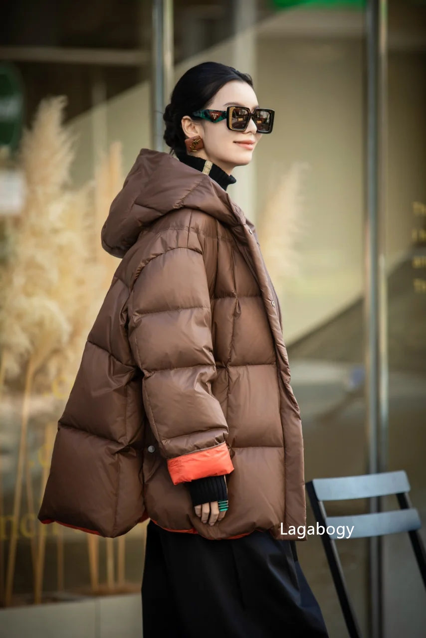 Lagabogy 2026 New Winter Women Puffer Jacket Casual Loose Over Size Warm Outwear Female 90% White Duck Down Coat Hooded Outwear