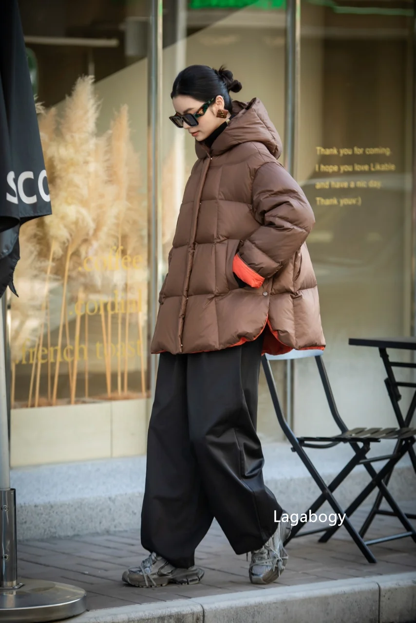 Lagabogy 2026 New Winter Women Puffer Jacket Casual Loose Over Size Warm Outwear Female 90% White Duck Down Coat Hooded Outwear