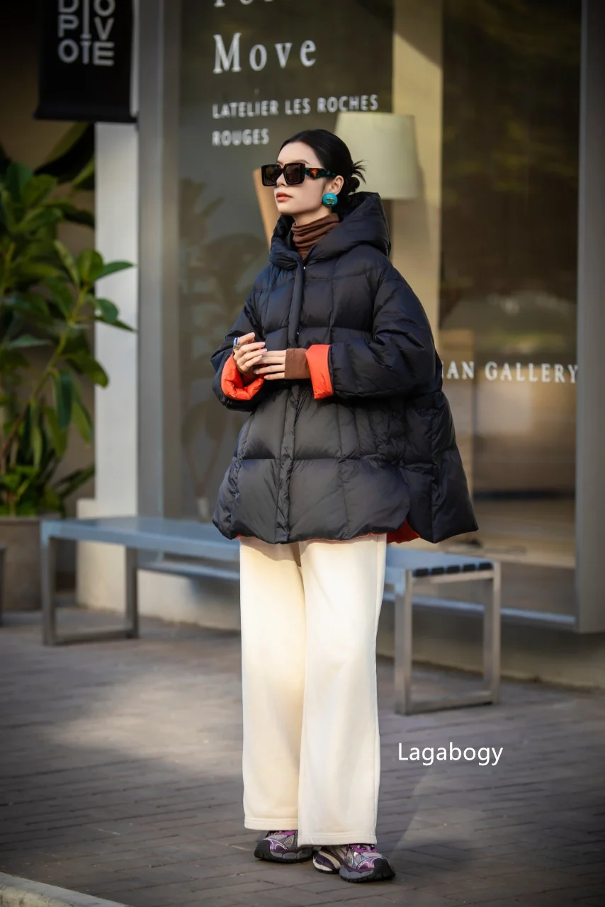Lagabogy 2026 New Winter Women Puffer Jacket Casual Loose Over Size Warm Outwear Female 90% White Duck Down Coat Hooded Outwear