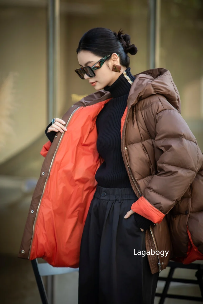 Lagabogy 2026 New Winter Women Puffer Jacket Casual Loose Over Size Warm Outwear Female 90% White Duck Down Coat Hooded Outwear