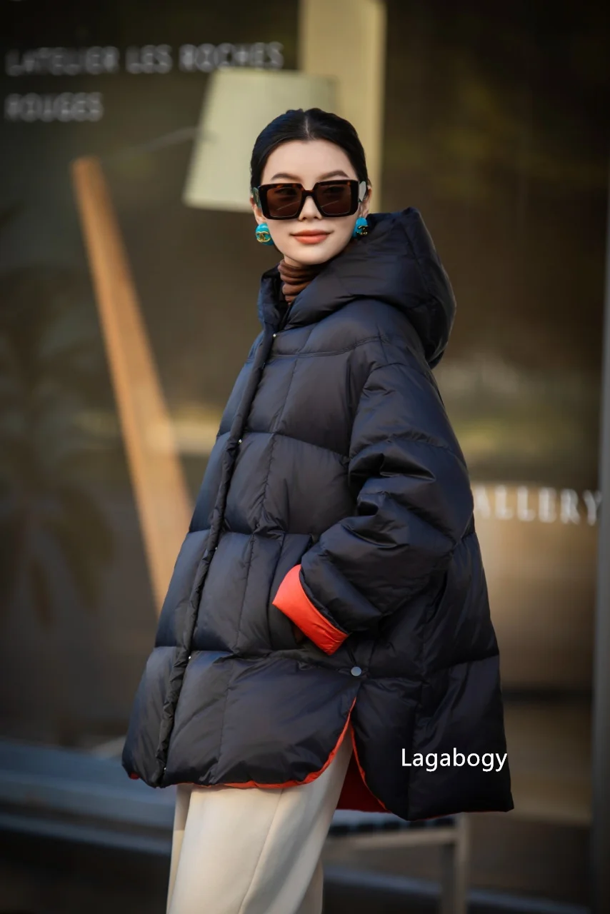 Lagabogy 2026 New Winter Women Puffer Jacket Casual Loose Over Size Warm Outwear Female 90% White Duck Down Coat Hooded Outwear