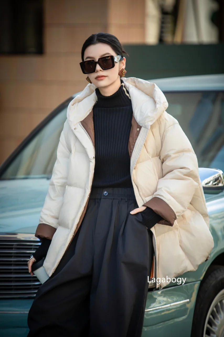 Lagabogy 2026 New Winter Women Puffer Jacket Casual Loose Over Size Warm Outwear Female 90% White Duck Down Coat Hooded Outwear