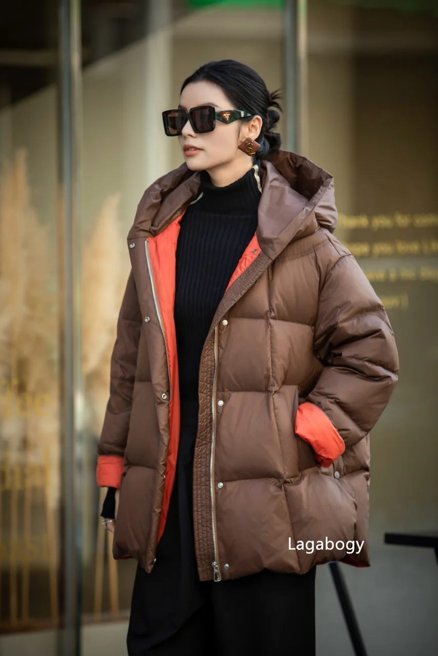 Lagabogy 2026 New Winter Women Puffer Jacket Casual Loose Over Size Warm Outwear Female 90% White Duck Down Coat Hooded Outwear