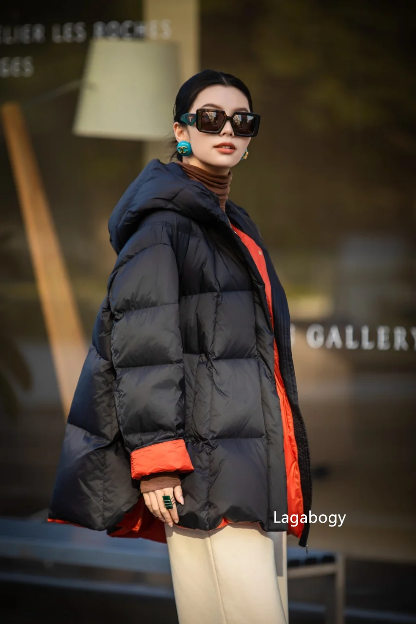 Lagabogy 2026 New Winter Women Puffer Jacket Casual Loose Over Size Warm Outwear Female 90% White Duck Down Coat Hooded Outwear