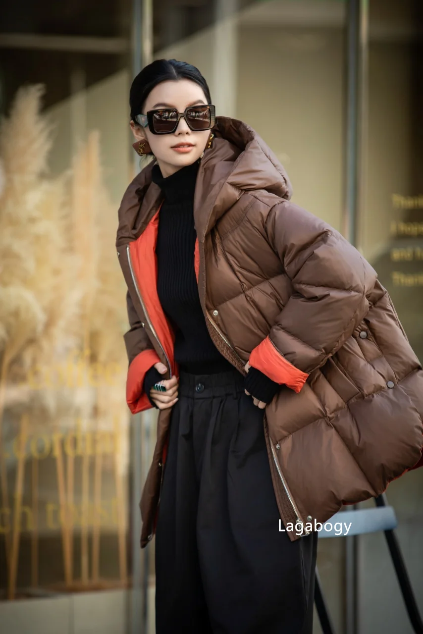 Lagabogy 2026 New Winter Women Puffer Jacket Casual Loose Over Size Warm Outwear Female 90% White Duck Down Coat Hooded Outwear